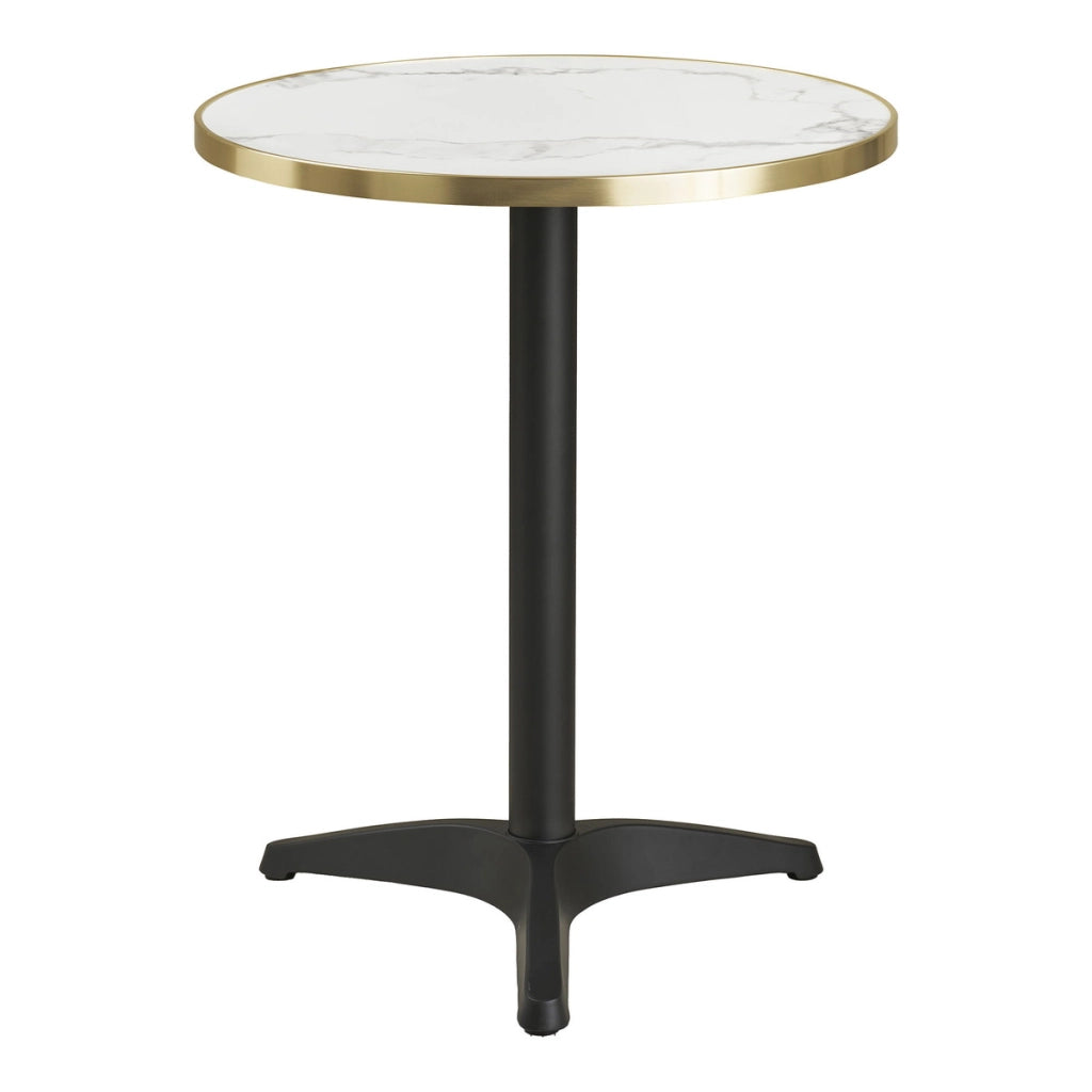 Tavolino bistrot rotondo effetto marmo bianco con bordo dorato e gambe nere