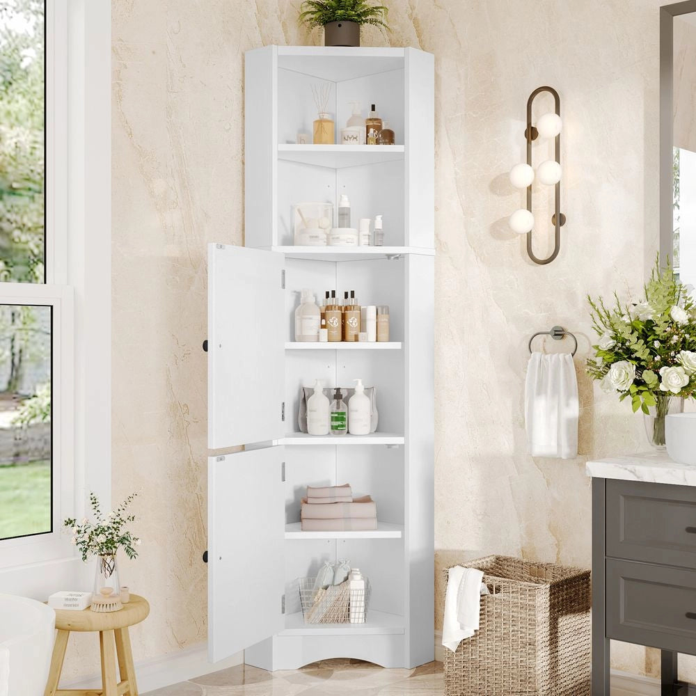 Armadio da bagno triangolare - Xylo - Bianco, pittura resistente all'umidit??, due scomparti aperti