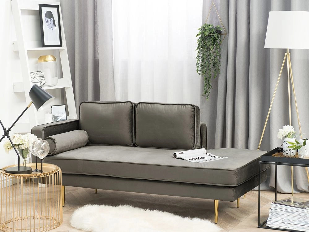Chaise longue Taupe Velluto Imbottito versione sinistra Orientamento Gambe In Metallo Rafforzamento Cuscino Design Moderno