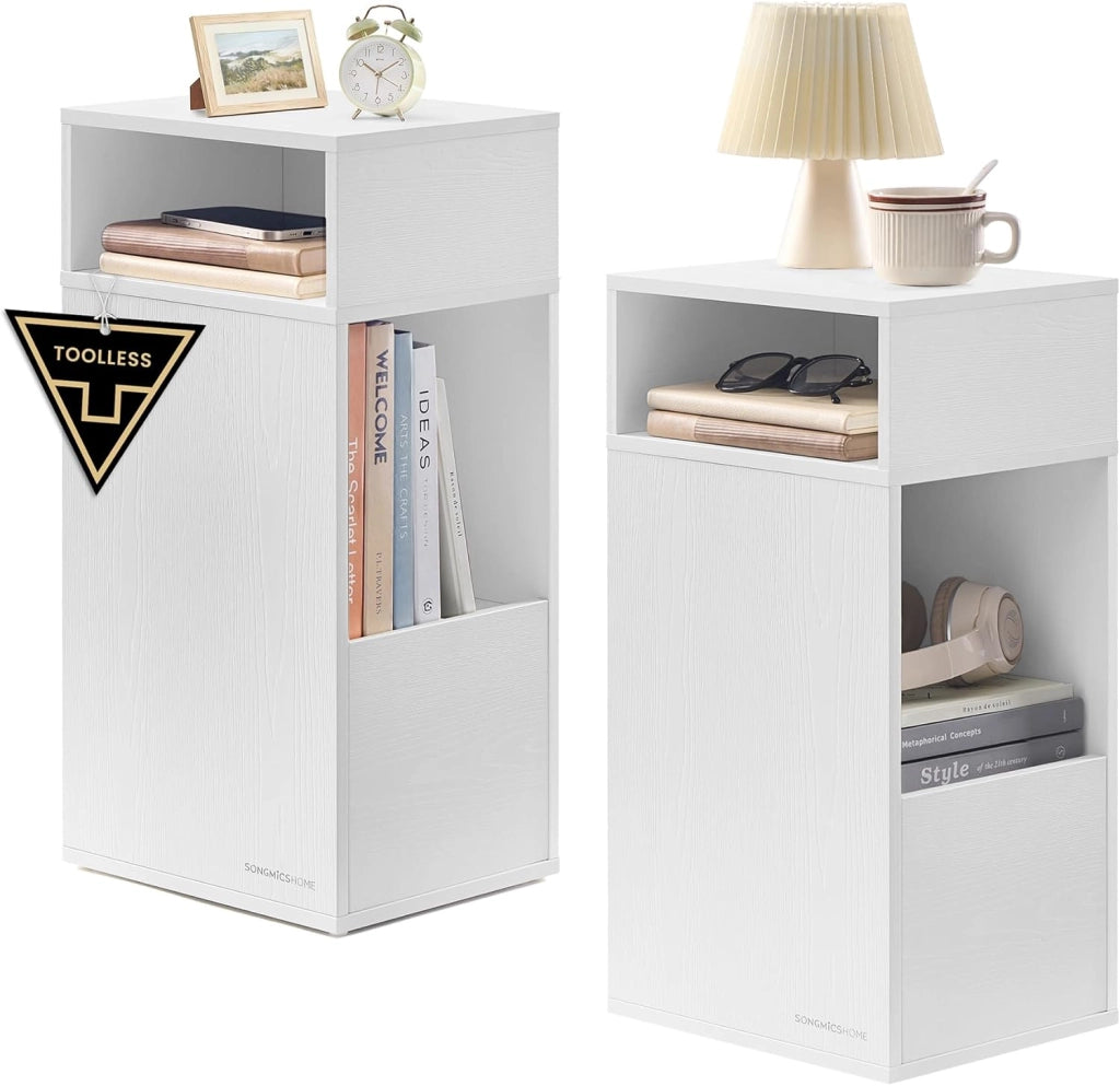 Comodini Sottili, Toolless Montaggio Super Veloce Senza Attrezzi, Set di 2 Tavolini con 2 Scomparti Aperti e 1 Cassetto, per Camera da Letto, 30 x 25 x 59,4 cm, Bianco Neve LET912WE01