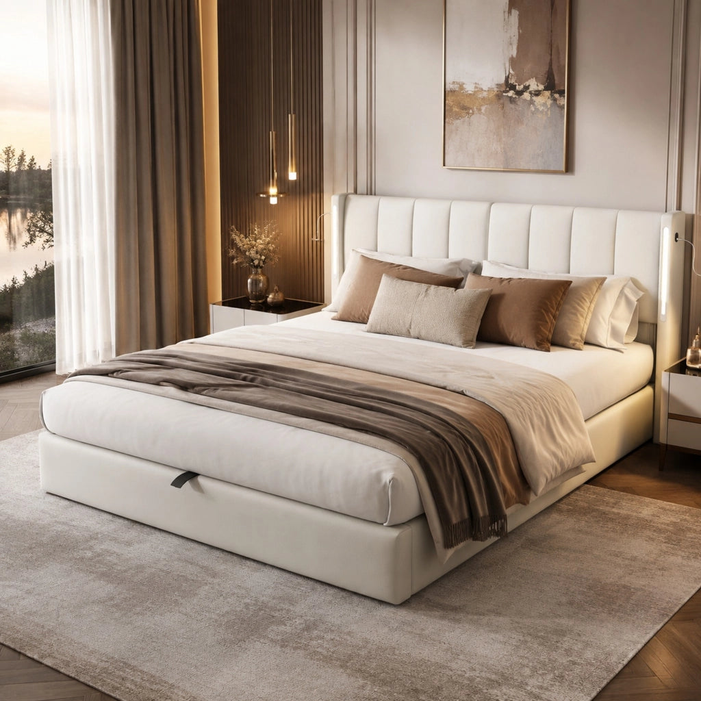 Letto imbottito 140x190 cm con USB; LED; rete a doghe; vano contenitore; PU bianco