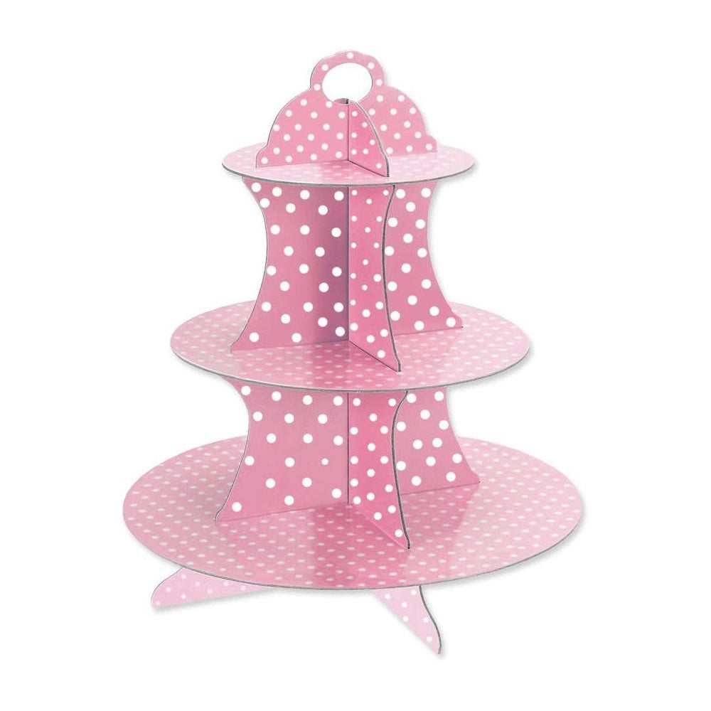 Trade Shop - Alzatina Stand Rosa A Pois In Cartone Carta 3 Piani Supporto Per Dolci Muffin -