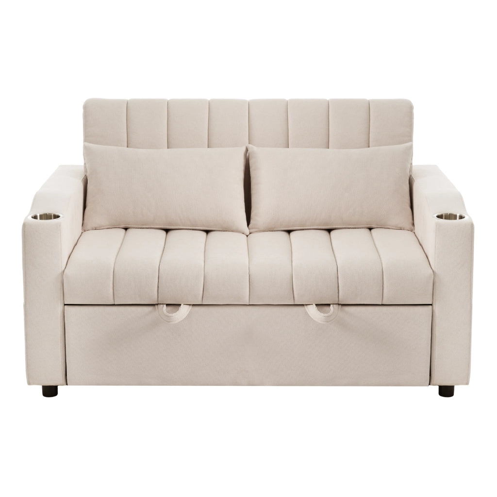Divano letto multifunzionale a 2 posti con schienale reclinabile, portabicchieri e 2 cuscini, beige