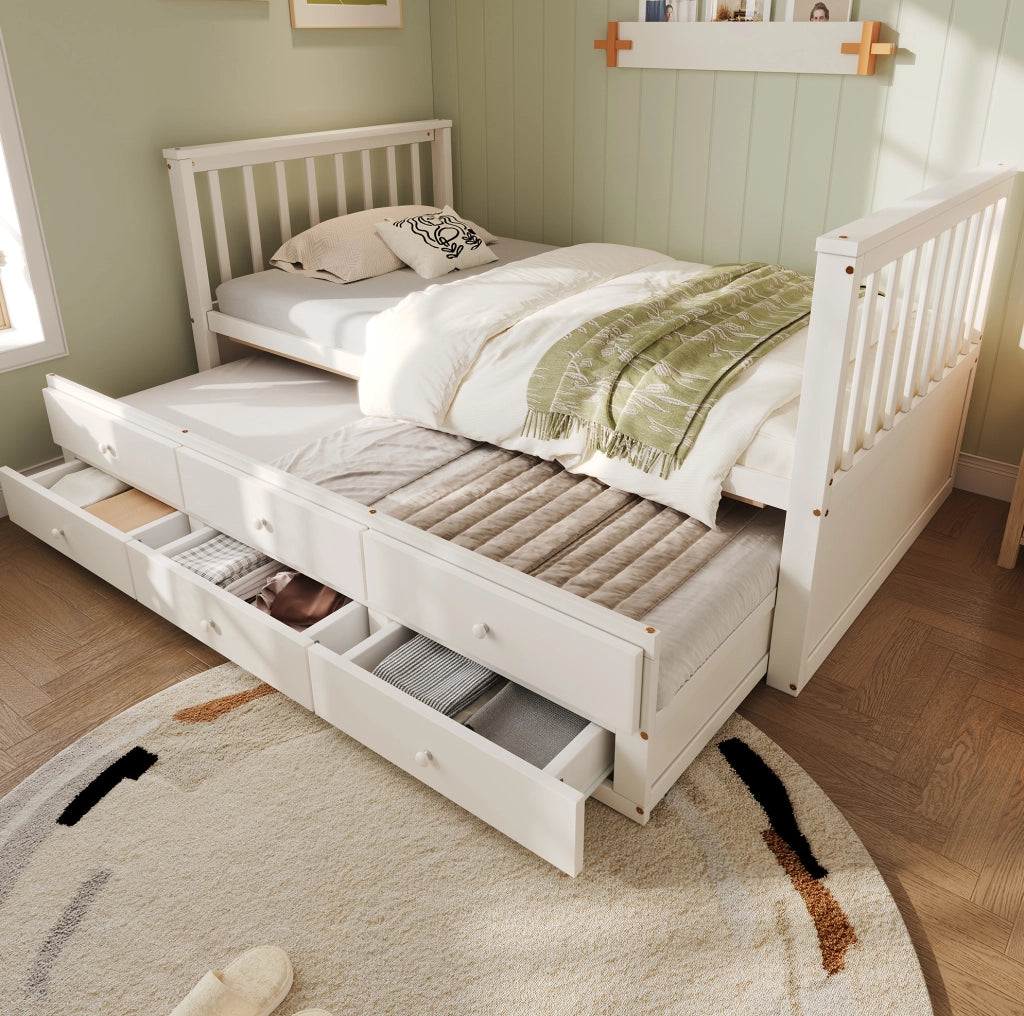 Letto a una piazza 90x200 cm con cassetti e letto estraibile in pino e MDF bianco