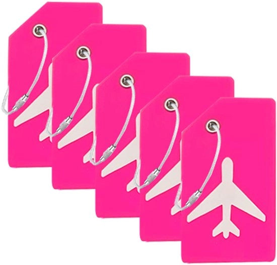 Set di 5 etichette per bagagli in silicone con tessera di identificazione, etichette per valigie con cavi in acciaio inossidabile, etichette per borse, colore fucsia