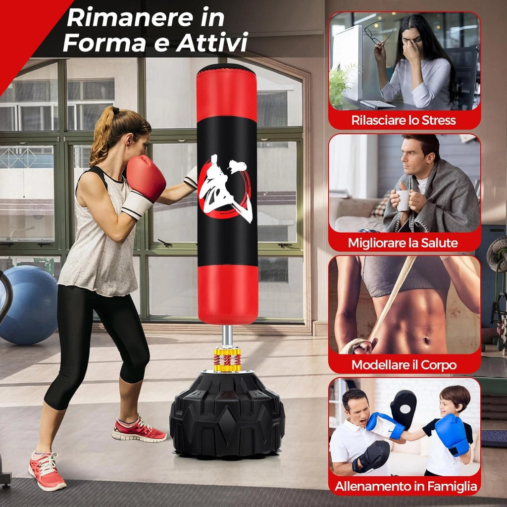 Sacco da Boxe da Terra, Pungiball Autoportante con Base Riempibile, 12 Ventose e Ammortizzatori per Adulti e Adolescenti, Punching Ball in Piedi per Allenamento in Casa e Ufficio