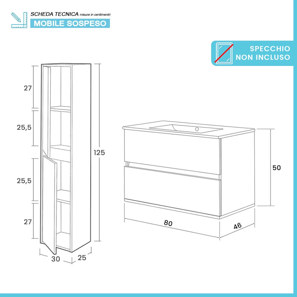 Mobile bagno sospeso 80 cm rovere bianco con pensile H 125 Nadia