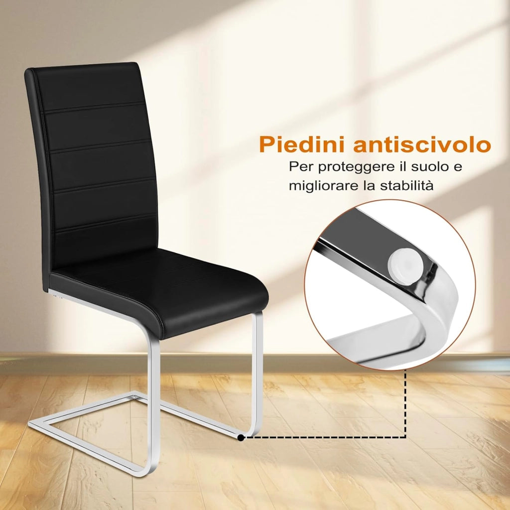 Set di 4 Sedie per Sala da Pranzo, Sedie da Cucina Moderne con Schienale Alto, Sedie Cantilever Imbottite Ergonomiche per Soggiorno, Ufficio, in PU, Nero, BH378sz-4