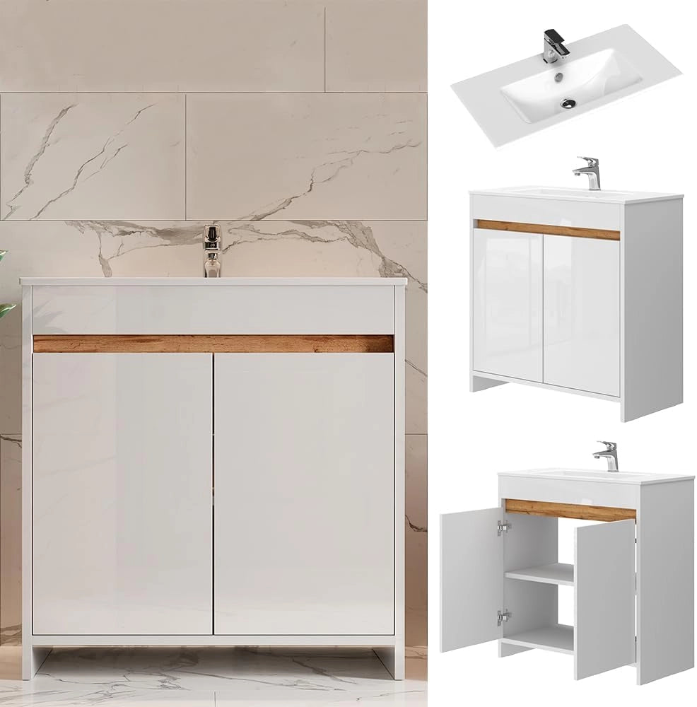 Set di mobili da bagno Lemgo, Bianco lucido, 79.8 cm, composto da mobile sottolavabo e lavabo