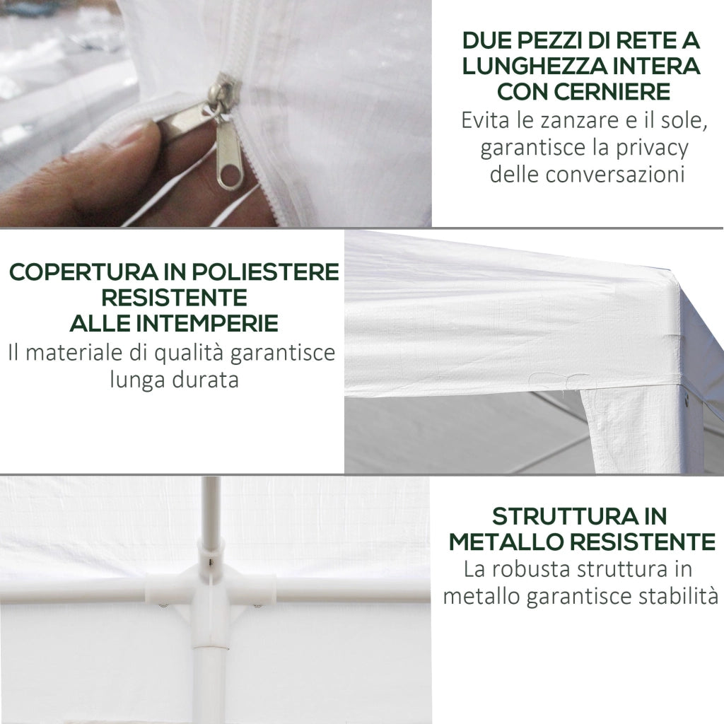 Gazebo da Giardino per Feste con 6 Pareti Rimovibili a Zanzariera 582x295x255cm Bianco
