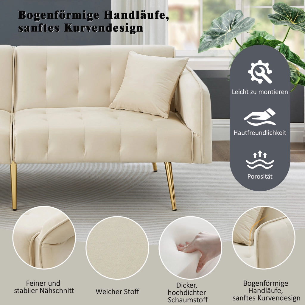 DIVANO LETTO 2 POSTI 215x81,5 cm Velluto Beige con schienali e braccioli regolabili