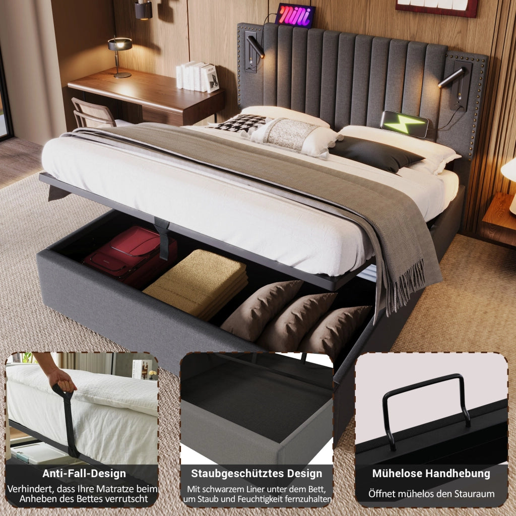 Letto matrimoniale 160x200 cm con contenitore, luci LED e USB-C