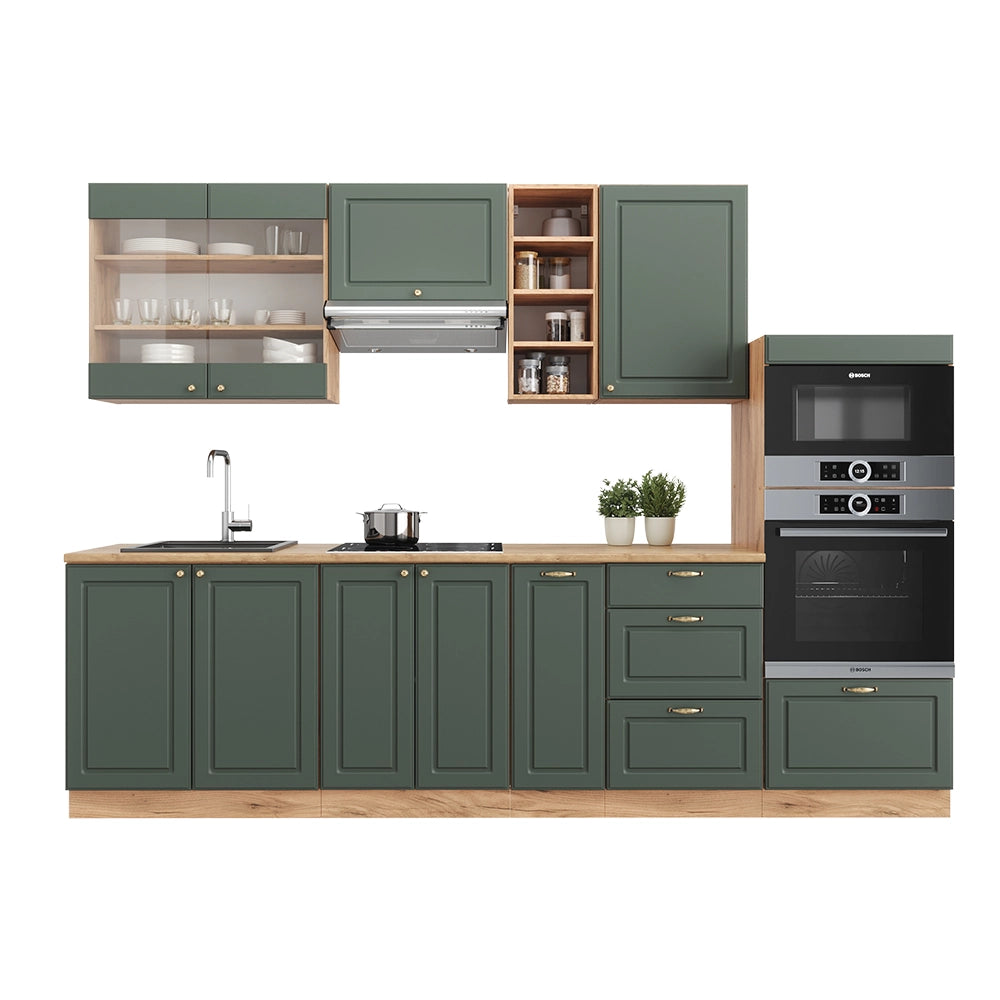 Cucina componibile Fame-Line Verde-oro rustico/Rovere dorato 280 cm, PL Antracite Vicco