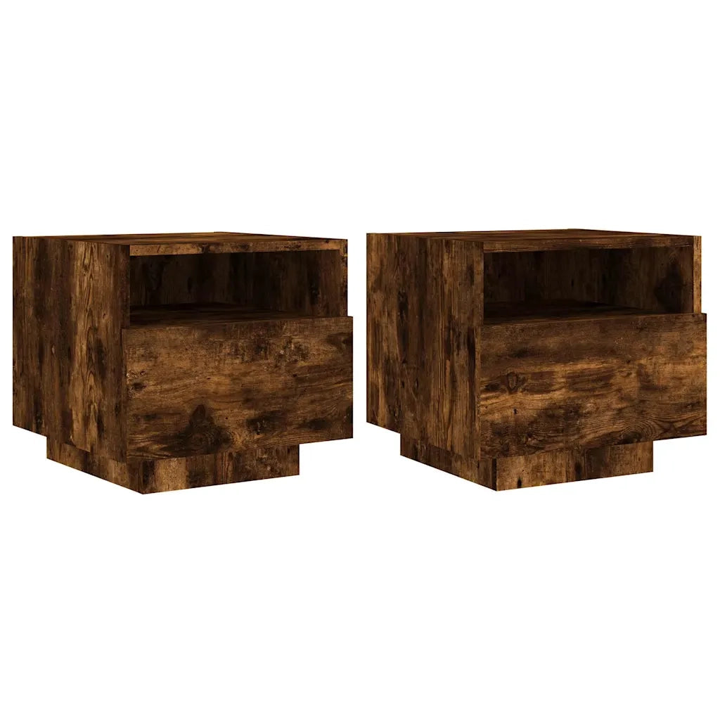 Set di 2 Comodini | Armadio da Notte | Mobiletto da notte con Luci LED Rovere Fumo 40x39x37 cm