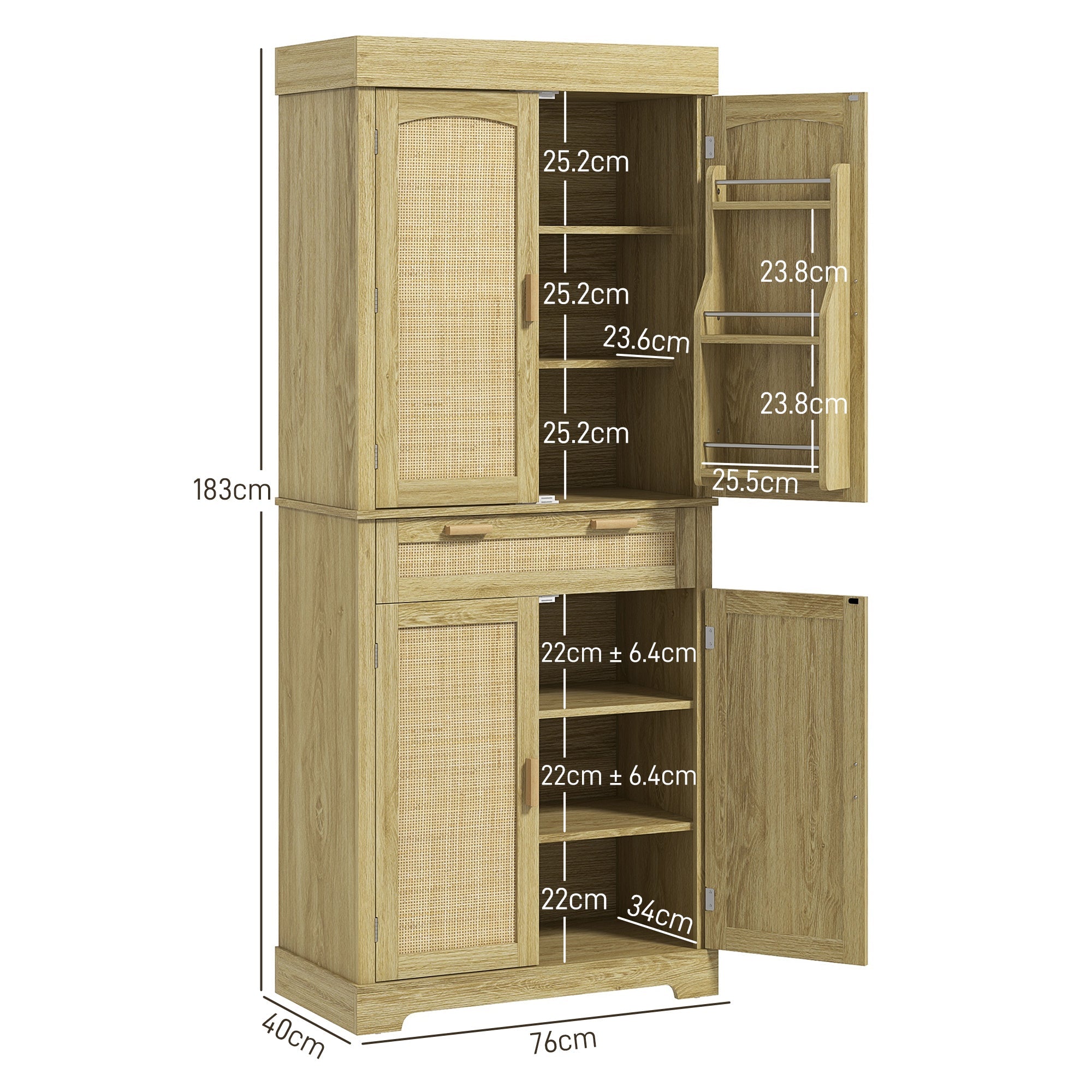 Credenza Cucina Stile Boho 2 Armadietti con Portaspezie e Cassetto 76x40x183 cm Rovere