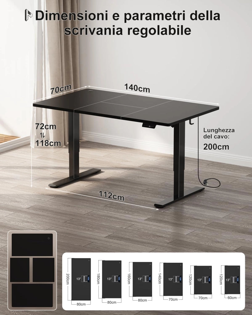 140x70 CM scrivania regolabile in altezza, scrivania da ufficio con quattro sezioni, scrivania per computer con funzione di memoria.