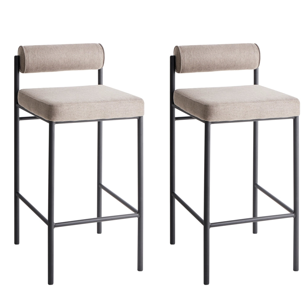 Set di 2 sgabelli da bar moderni con rivestimento in poliestere taupe gambe in metallo nero senza braccioli e schienale avvolgente