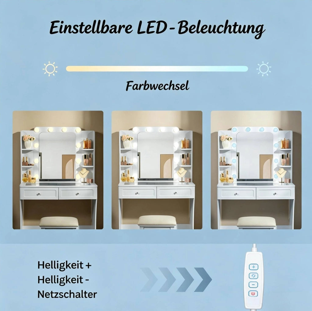 Tavolo da trucco con specchio LED e piano in vetro