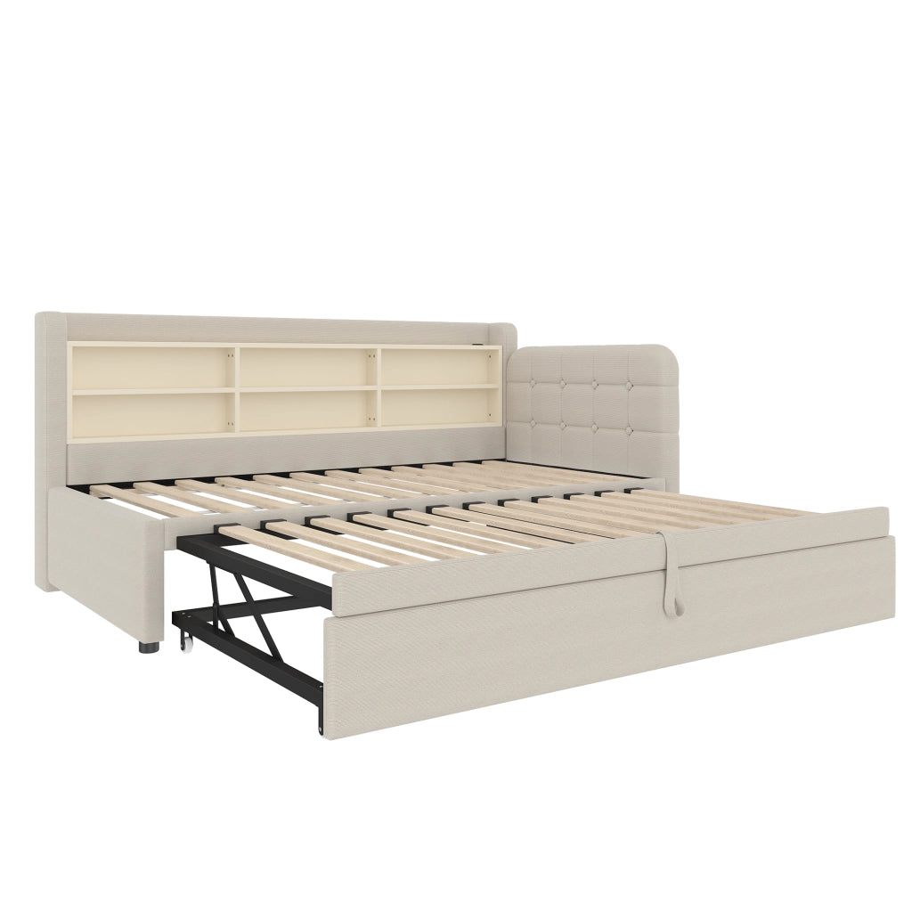 Letto estraibile singolo 90×200 cm e 90×189 cm con USB; Type-C e ripiani; senza materasso; lino; beige