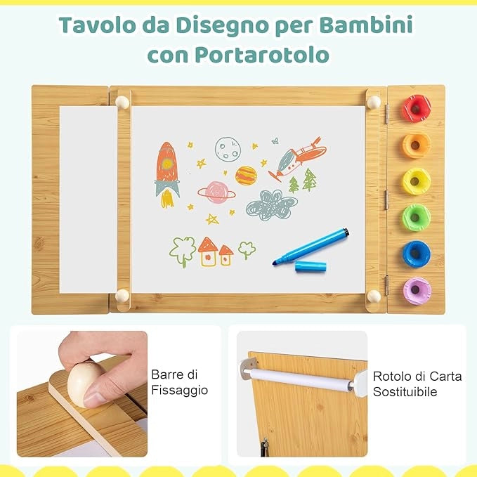 Set Tavolo da Disegno e Cavalletto per Bambini 3+ Anni con 2 Sedie, Tavolo Multifunzione in Legno con Piano Sollevabile, Rotolo di Carta, 6 Bicchieri di Vernice (Naturale)