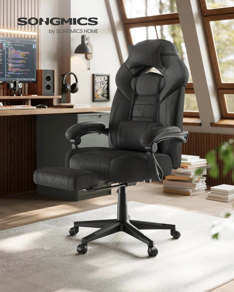 SONGMICS Sedia Gaming, Sedia Ufficio Scrivania, Ergonomico, con Poggiapiedi, Poggiatesta Regolabile, Cuscino Lombare, Portata 150 kg, Nero Inchiostro OBG077BH21
