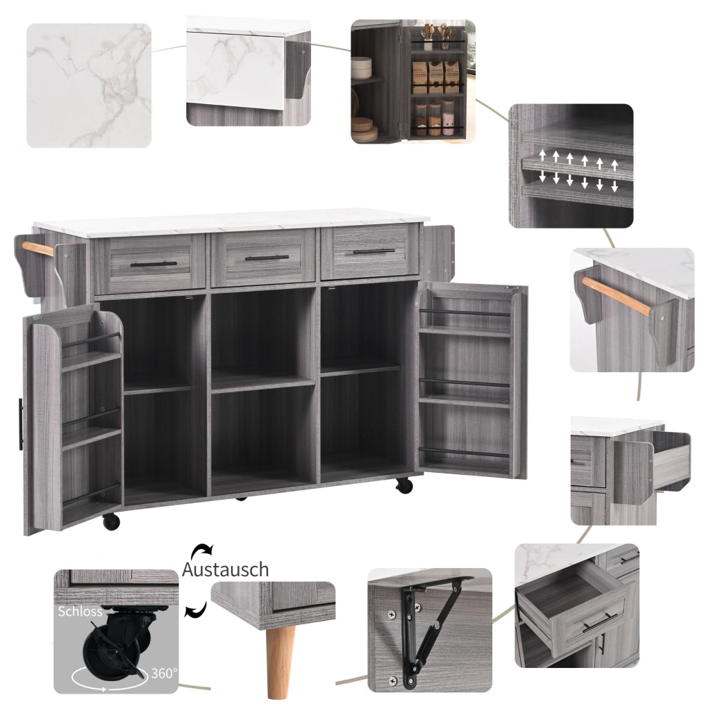 Carrello da cucina con piano ribaltabile 3 cassetti e 3 vani con ripiani regolabili per cucina in MDF grigio