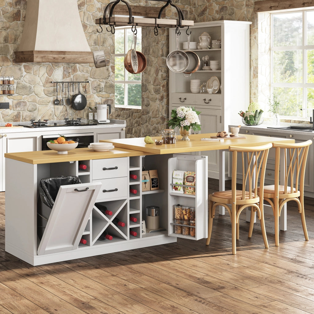 Madia da cucina girevole con 2 cassetti; portabottiglie estraibile e supporto per pattumiera; per cucina; bianco; 120 × 40 × 73.8 cm