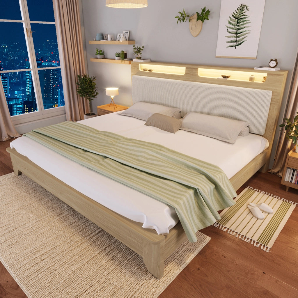 LETTO 140x200 cm con materasso incluso, LED, corduroy beige, effetto rovere