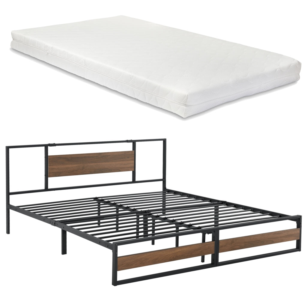 Letto in Acciaio con Materasso a Schiuma Fredda 200 x 180 cm Letto Matrimoniale King Size in Stile Moderno con Elementi Decorativi in Effetto Legno di Color Noce  - Struttura Nera