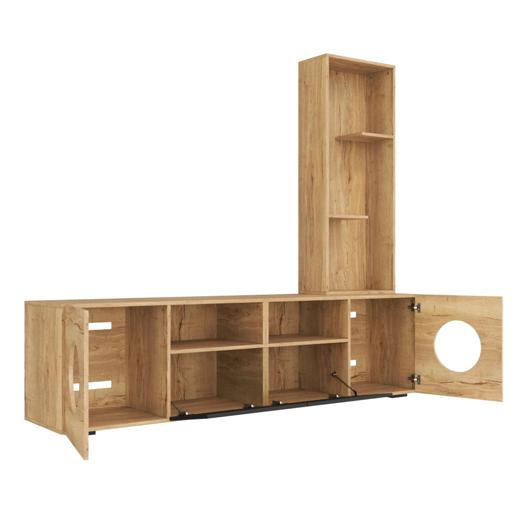 Mobile TV 185x40x162 cm con spazio per gatti e scaffale nero e naturale