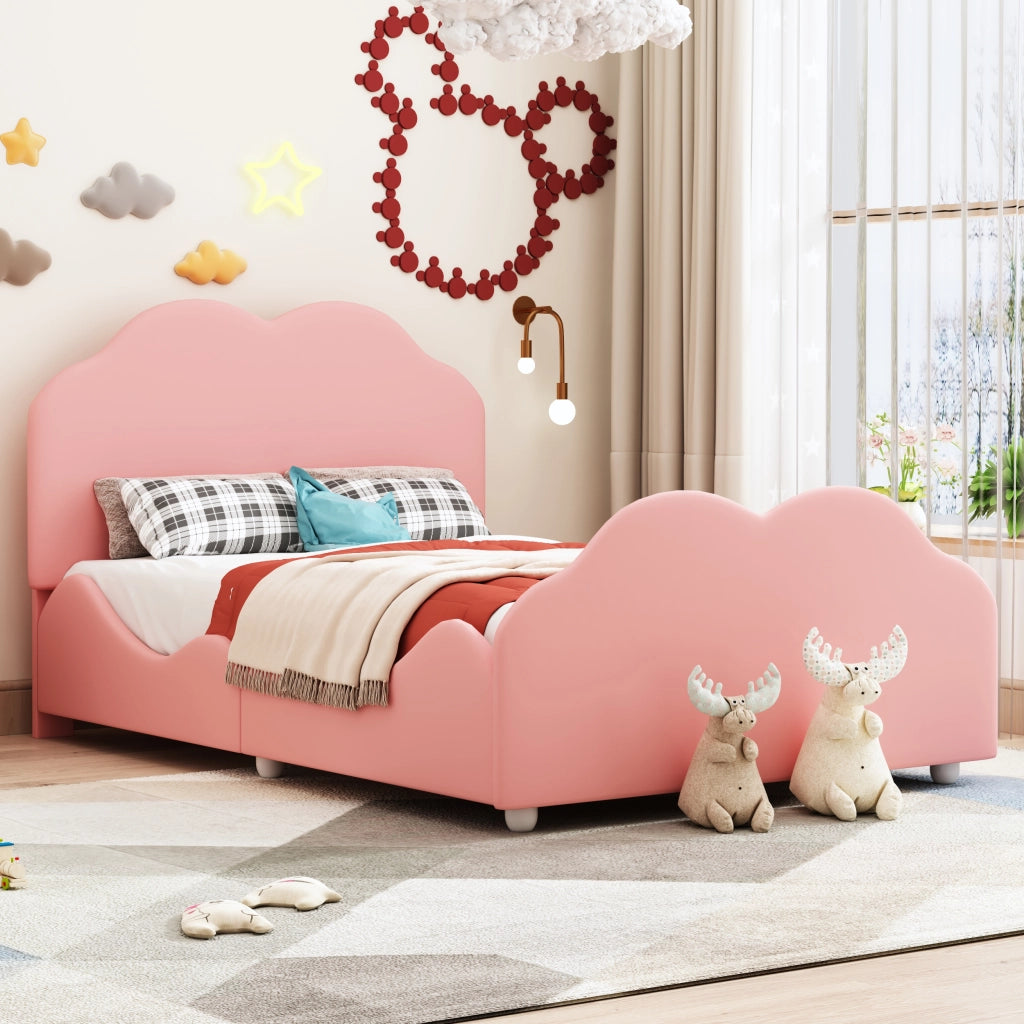 DESMIU Letto per Bambini Singolo con Sponda e Testiera Regolabile 90 × 200 cm, senza materasso, Rosa, Imbottito