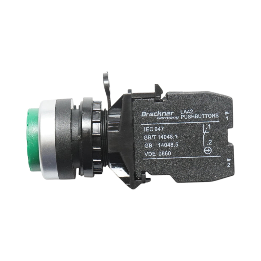 Pulsante convesso con ritorno 1NO+1NC verde, 10A/600V AC, 1A/250V DC LA42 Breckner Germany