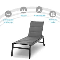 Sdraio da Giardino Reclinabile su 5 Livelli Rivestimento Imbottito, Alluminio e Texteline, 72x168x102cm Grigio