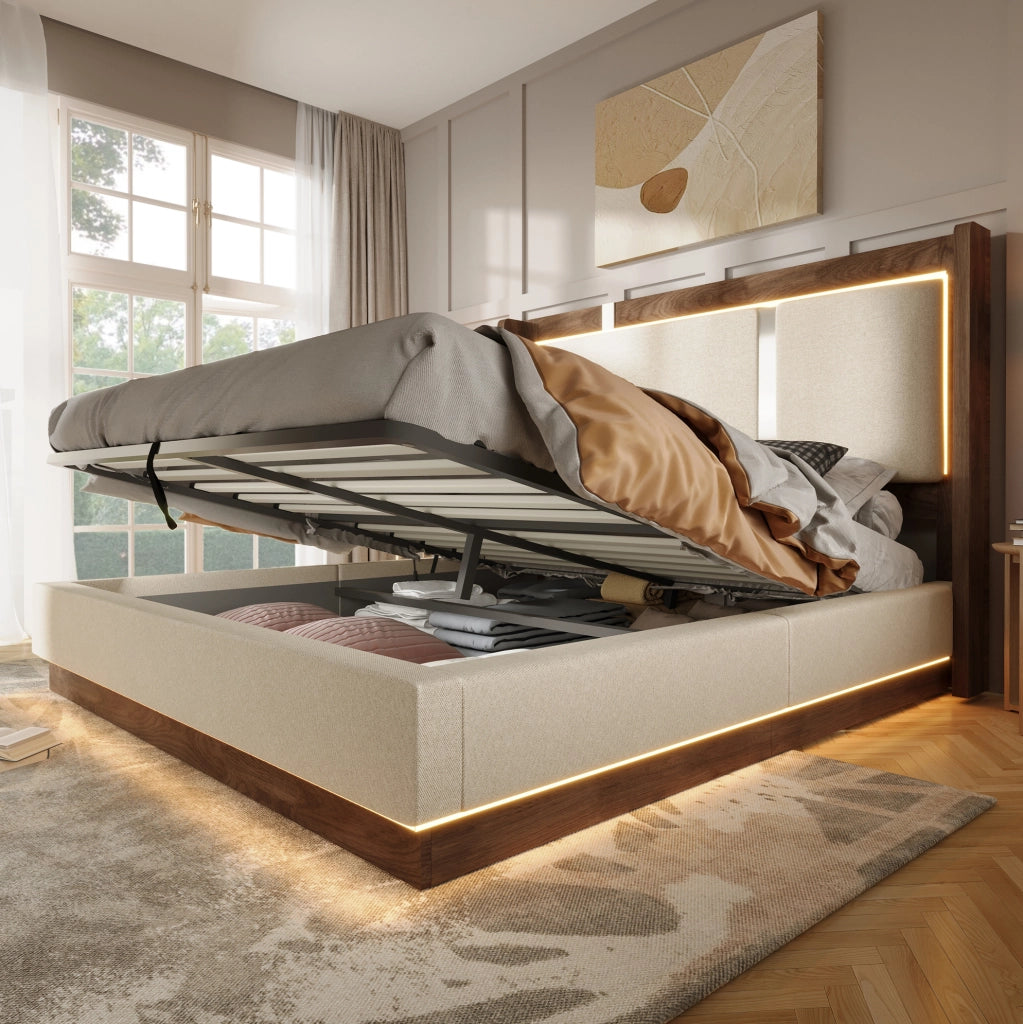 Letto matrimoniale 140x200 cm con contenitore; LED e testiera imbottita in lino beige e noce