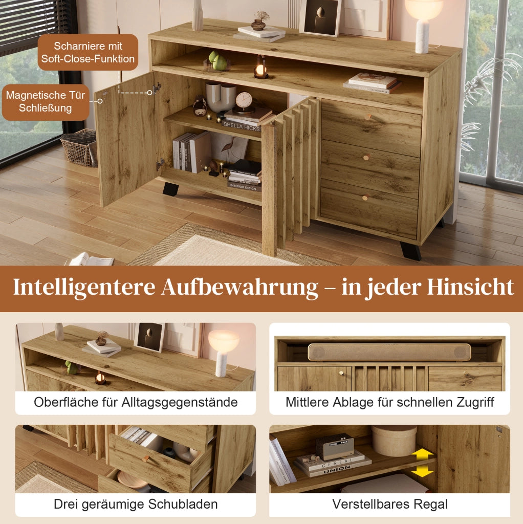 Credenza 120 cm rovere scuro con 3 cassetti e 2 ante