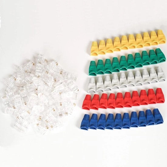 Kit composto da 50 stecche RJ45 UTP categoria 5E pass-trough + 50 coppe di chiusura - colori misti (grigio - verde - rosso - giallo - blu) - alta qualità