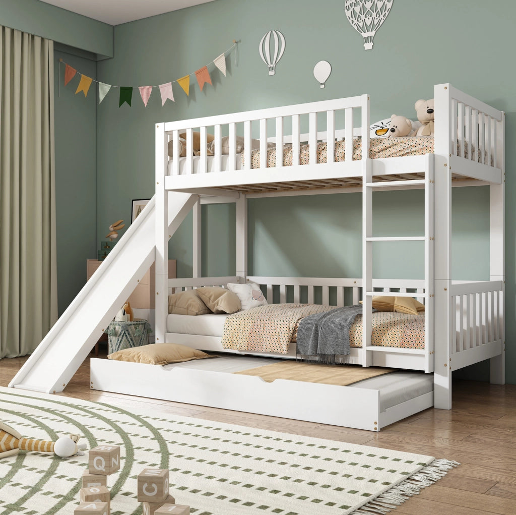 Letto a castello 90x200 cm con letto estraibile e rutsche in legno e MDF bianco