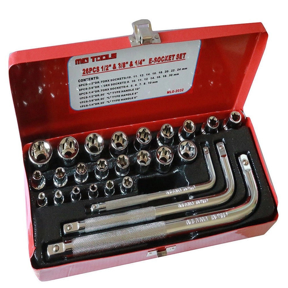 Trade Shop - 26 Chiavi Bussole Torx Femmina E4-e24 Prolunghe Attacco 1/2" 1/4" 3/8" -