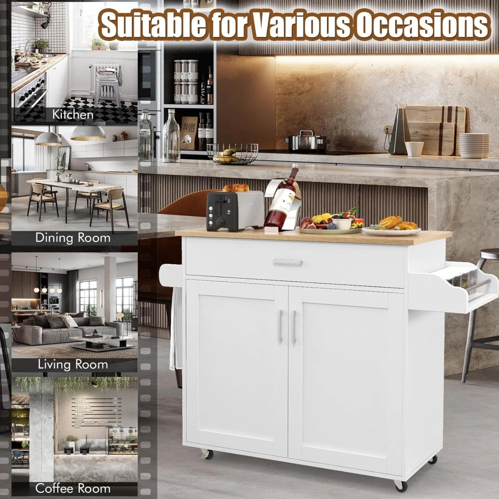 Carrello da Cucina con Ruote di Gomma, Isola Cucina con Cassetto e Ripiano Regolabile, Mobile Credenza Salvaspazio Porta Microonde, Portaspezie, Portasciugamani, 116 x 40 x 85 cm (Bianco)