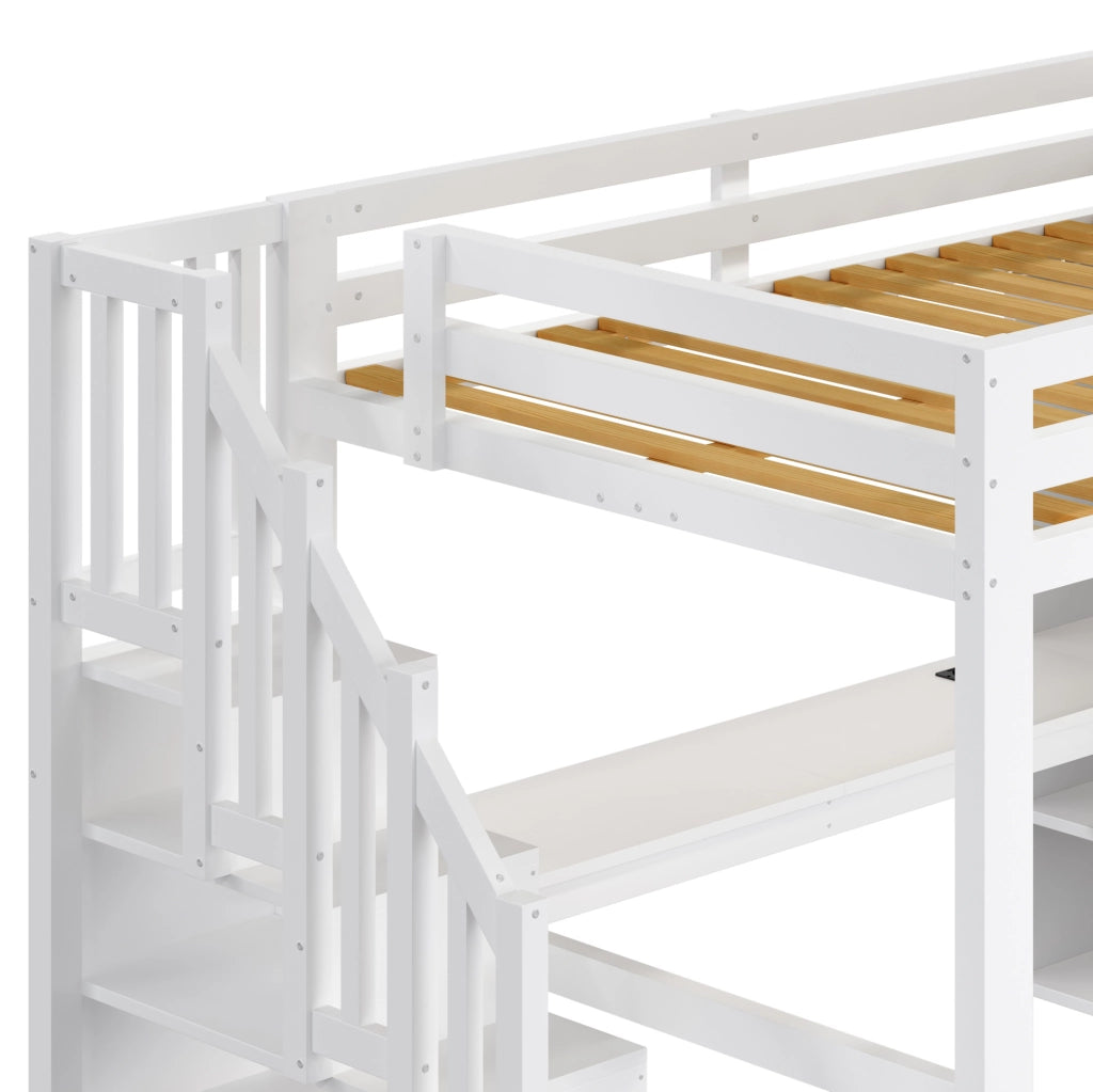 Letto a soppalco 140x200 cm con scrivania; armadio; scala contenitore; USB e LED; bianco