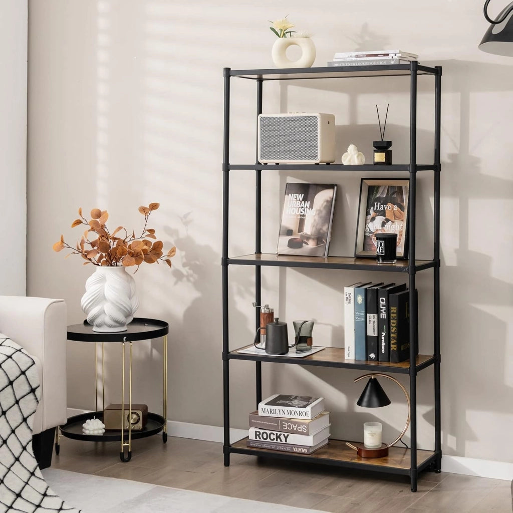 GIANTEX Scaffale a 5 Ripiani Stile Industriale, Libreria con Struttura in Acciaio Marrone Vintage e Nero, 80x29,5x154cm