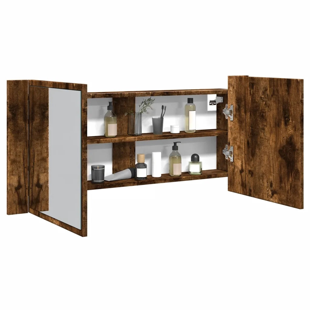 Armadietto a Specchio | Armadio da bagno con LED Rovere Fumo 100x12x45 cm