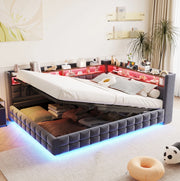 Divano letto imbottito con contenitore; LED; prese USB e Type-C; 140x200 cm; grigio