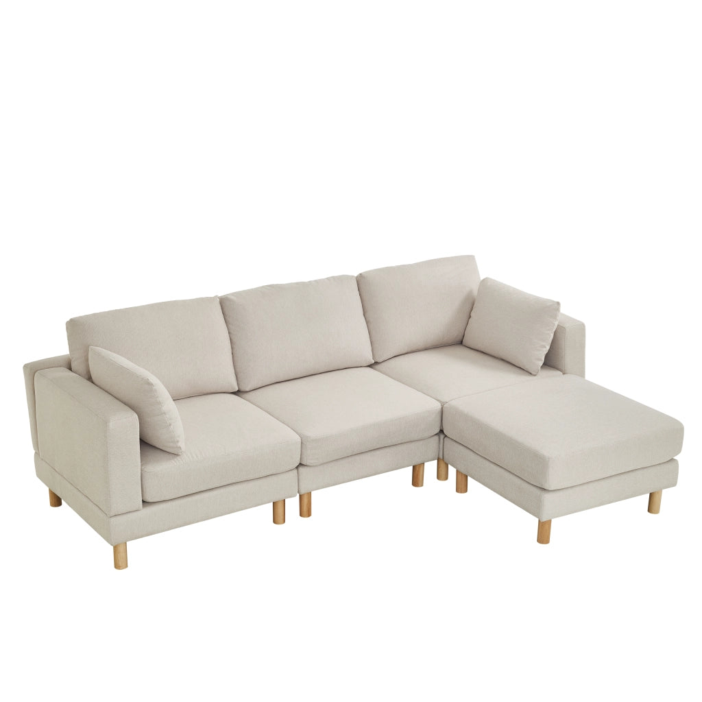 Divano Angolare 3 Posti con Poggiapiedi ¨C MINIMAL ¨C Beige, Tessuto Poliestere, Gambe Massello, 235x152x78 cm