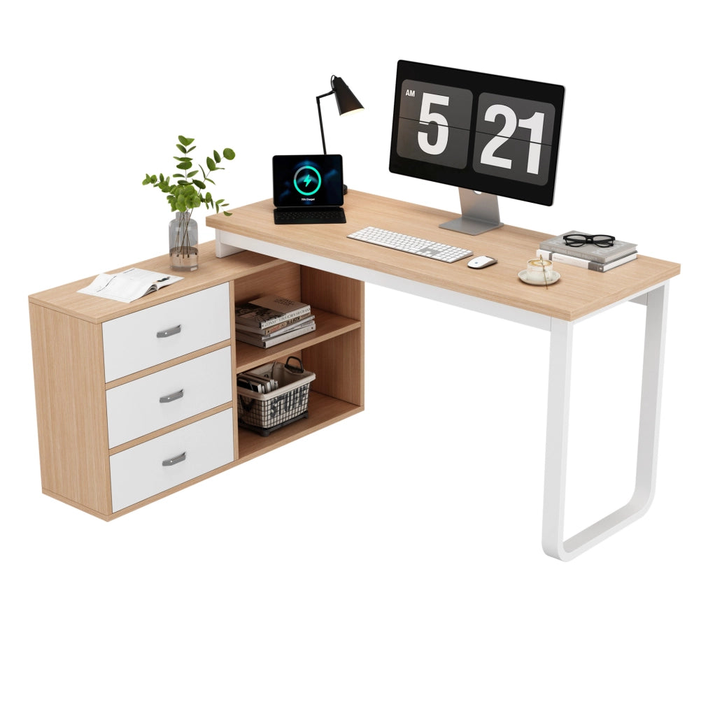 Scrivania 147x100x75,3 cm naturale MDF e metallo, 3 cassetti