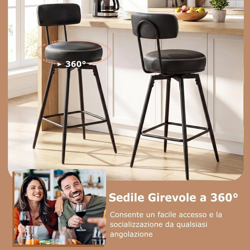 Set di 2 Sgabelli Girevoli, Sedie da Bar Moderne con Schienale Imbottito, Poggiapiedi e Gambe in Metallo, Sgabelli Imbottiti in Similpelle per Isola Cucina e Sala da Pranzo (Nero, Rotondo)