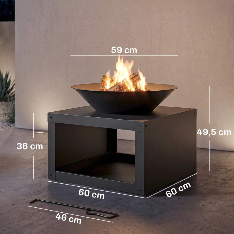 BRACIERE con ripiano porta-legna e attizzatoio 60x60x49,5 cm Metallo Nero