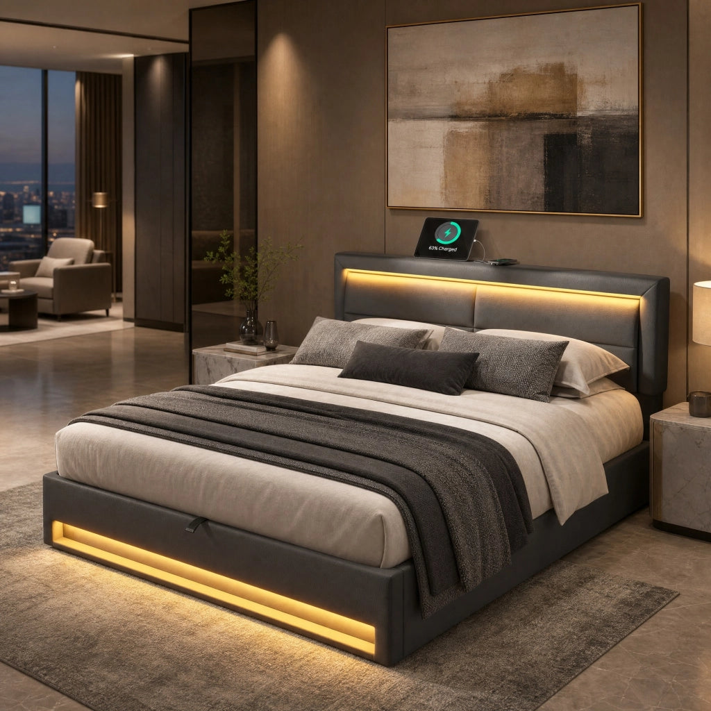 Letto imbottito 140x200 cm con USB, illuminazione LED, contenitore e rete a doghe, grigio