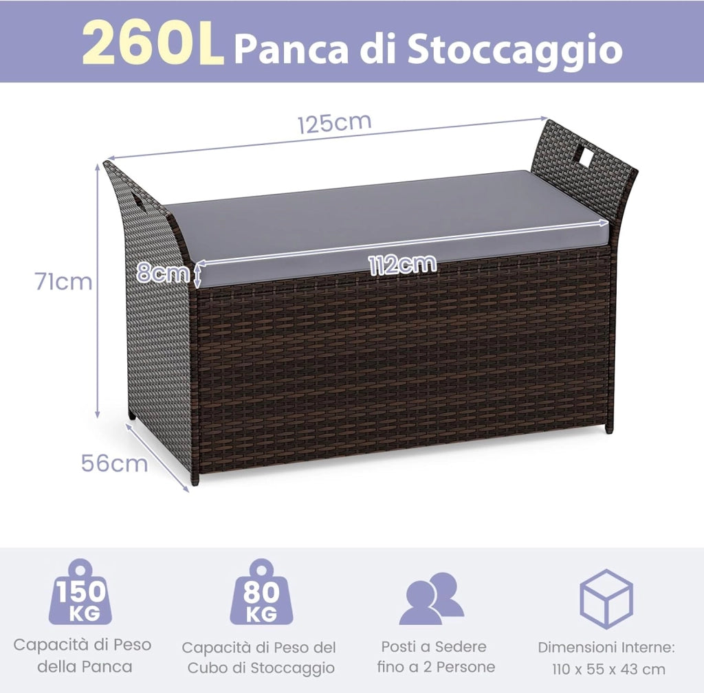 Baule da Giardino 260 L in Rattan PE, Cassapanca Contenitore da Esterno con Cuscino e Maniglie Laterali, per Interni e Esterni, 125 x 56 x 71 cm (Modello 10)