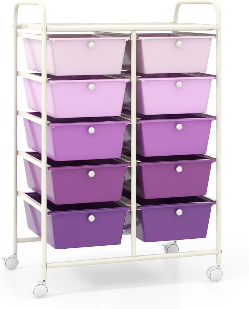Carrello con 10 cassetti, impilabile, per cassetti, da cucina, bagno, ufficio, 65,5 x 37 x 87 cm (viola)
